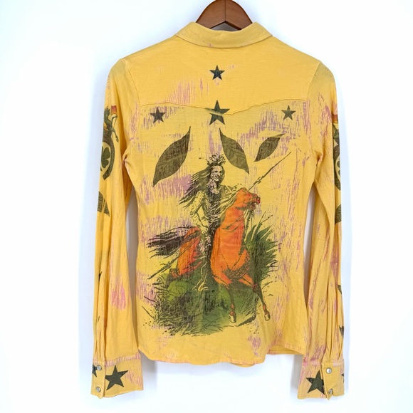 🔥Vtg Y2K Butterfly Dropout Yellow Graphic Pearl Snap Floral Western Button Shirt - Picture 3 of 14